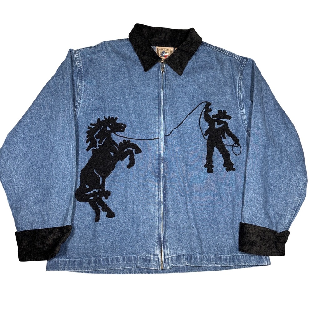 Vintage Western Cowboy Denim Jacket Don't Mess With Texas Blue Horse Chenille L
